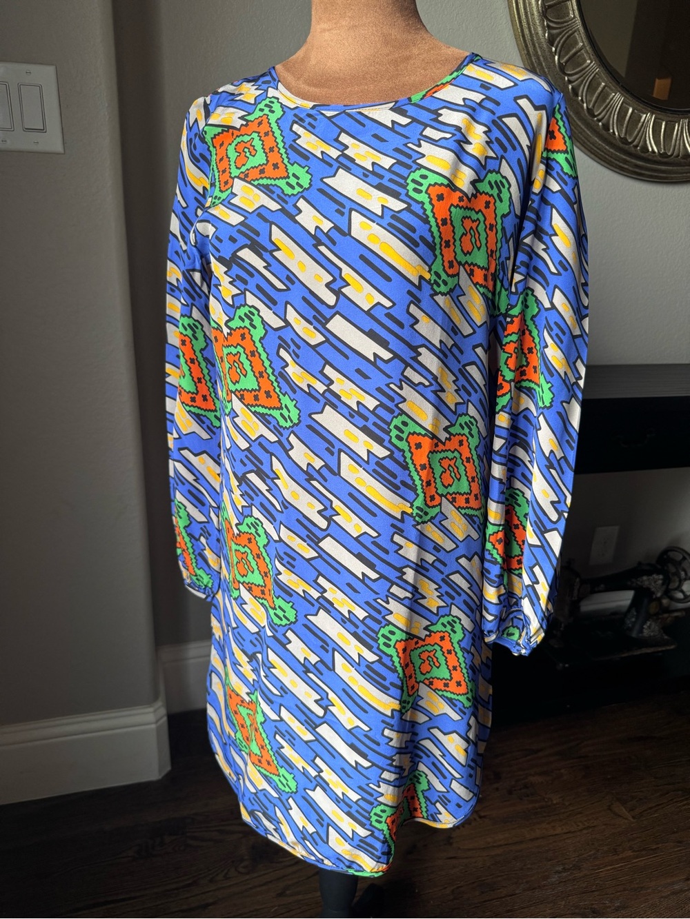 Amanda Uprichard 100% Silk Abstract Print Shift Mini Dress Balloon Sleeve P